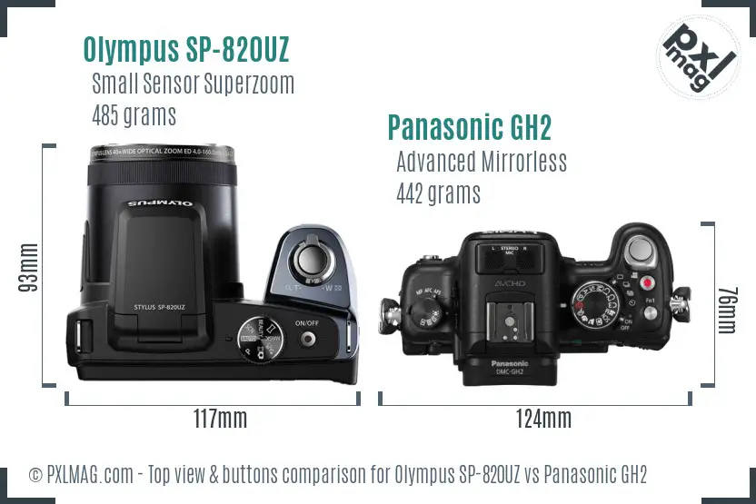 Olympus SP-820UZ vs Panasonic GH2 top view buttons comparison