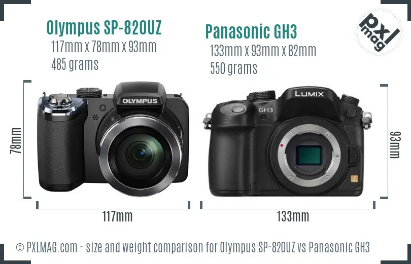 Olympus SP-820UZ vs Panasonic GH3 size comparison