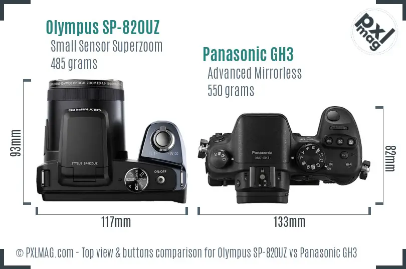 Olympus SP-820UZ vs Panasonic GH3 top view buttons comparison