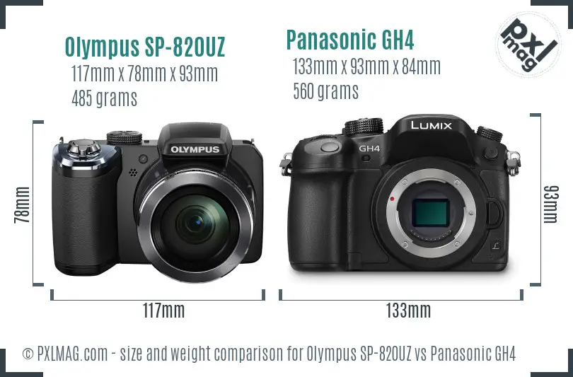 Olympus SP-820UZ vs Panasonic GH4 size comparison