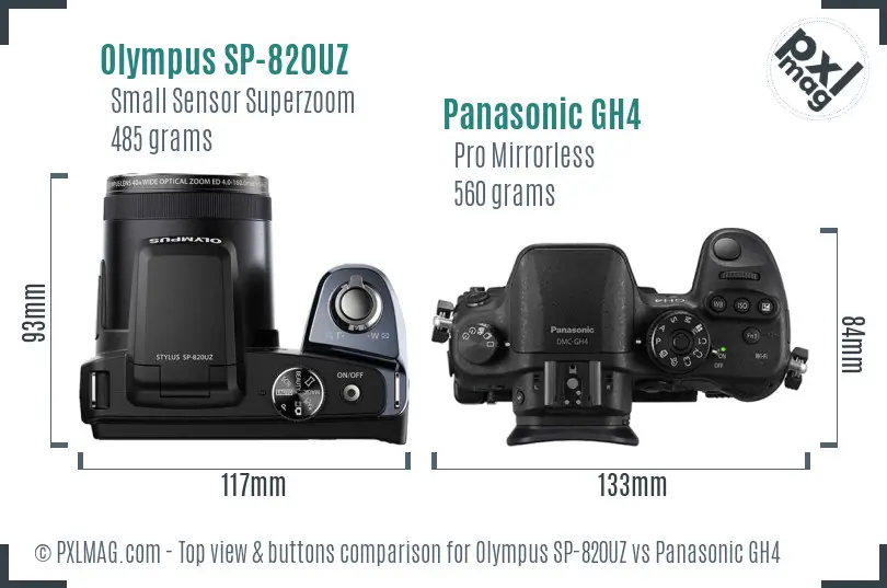 Olympus SP-820UZ vs Panasonic GH4 top view buttons comparison