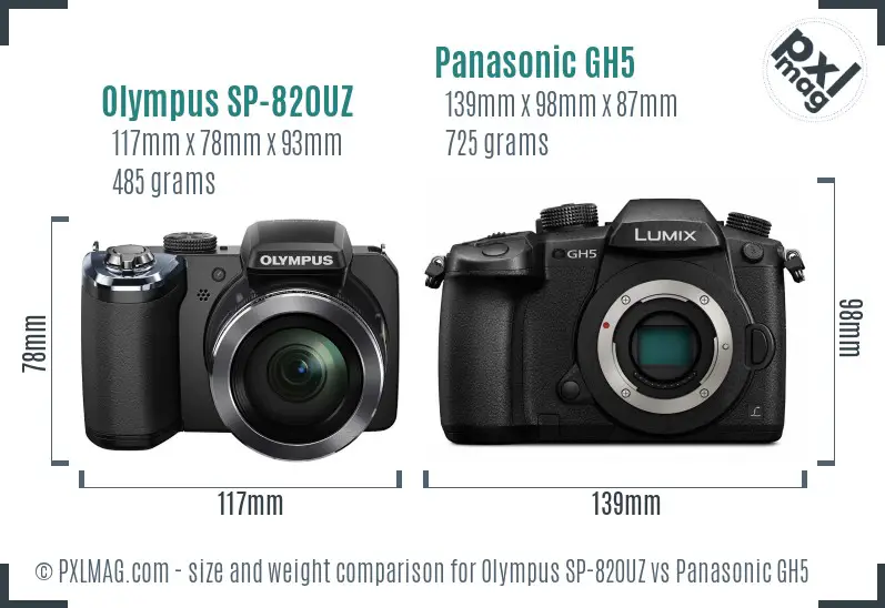 Olympus SP-820UZ vs Panasonic GH5 size comparison