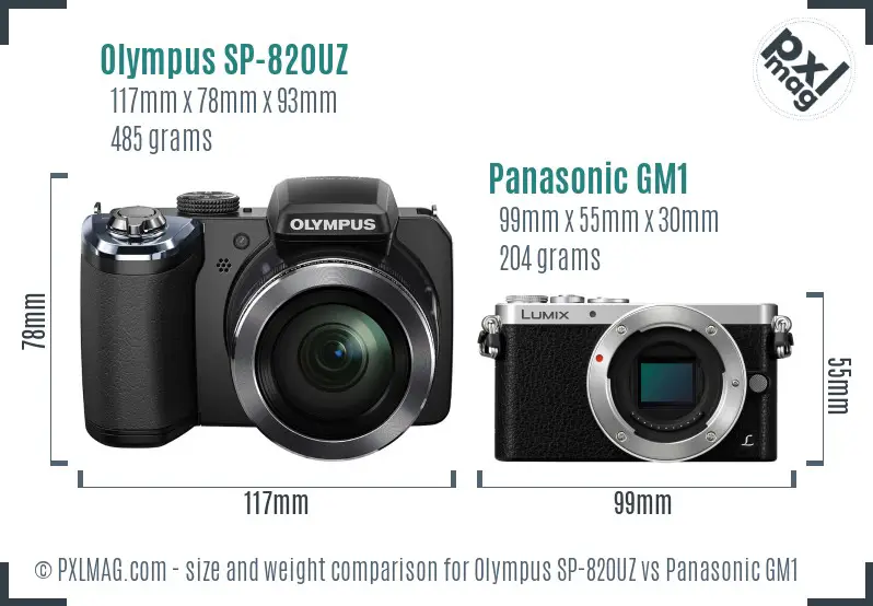 Olympus SP-820UZ vs Panasonic GM1 size comparison