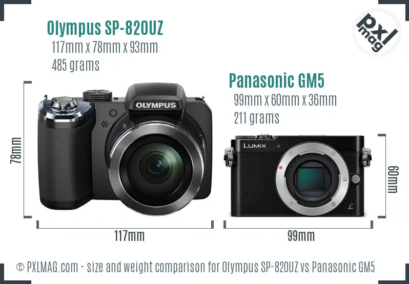 Olympus SP-820UZ vs Panasonic GM5 size comparison