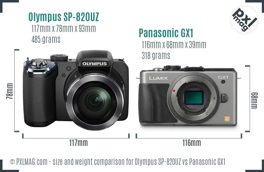 Olympus SP-820UZ vs Panasonic GX1 size comparison
