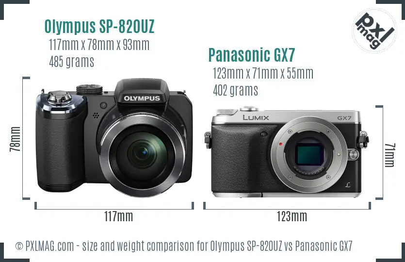 Olympus SP-820UZ vs Panasonic GX7 size comparison