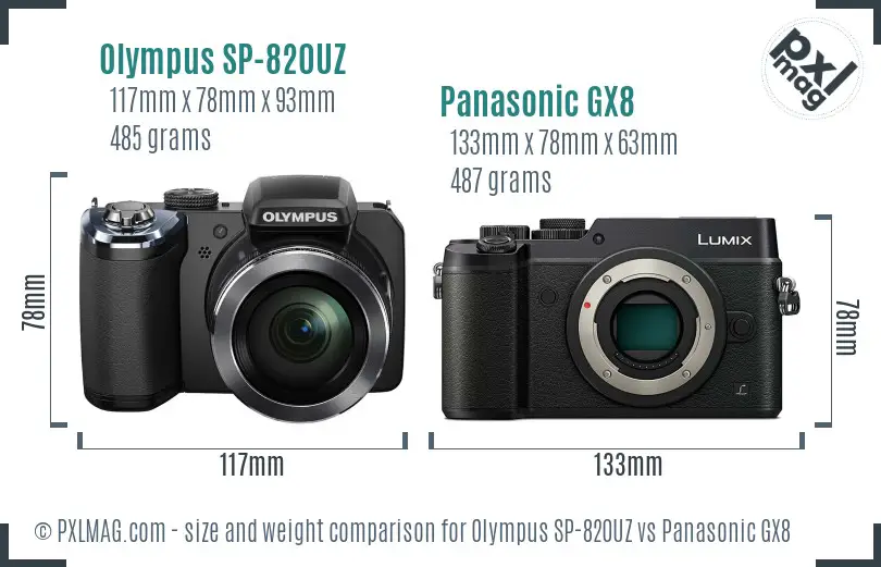 Olympus SP-820UZ vs Panasonic GX8 size comparison