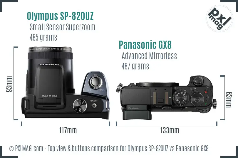 Olympus SP-820UZ vs Panasonic GX8 top view buttons comparison