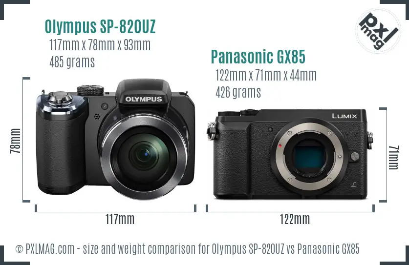 Olympus SP-820UZ vs Panasonic GX85 size comparison