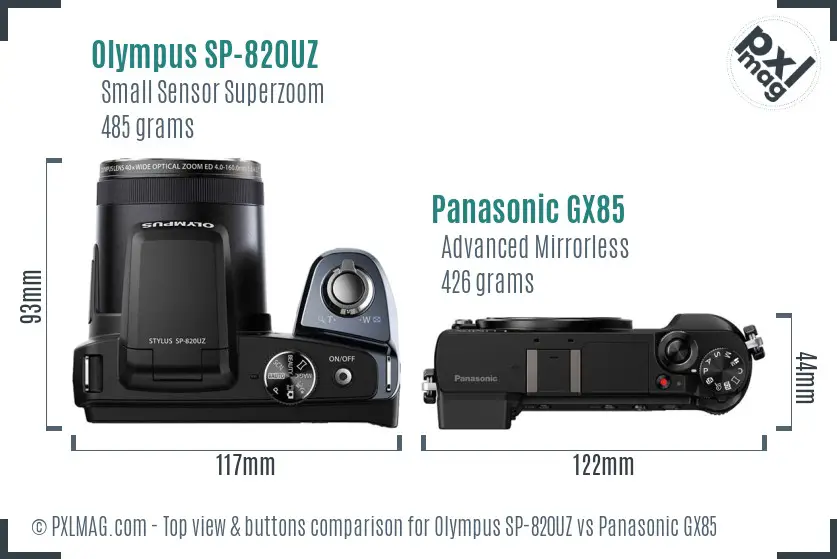 Olympus SP-820UZ vs Panasonic GX85 top view buttons comparison