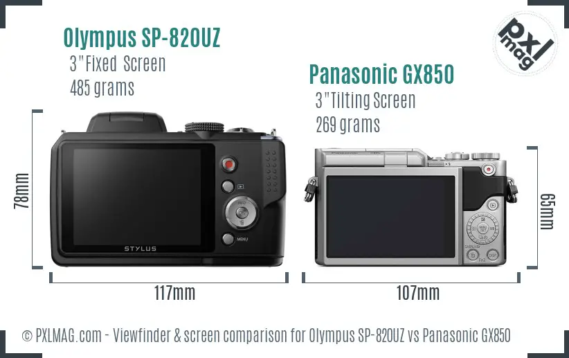 Olympus SP-820UZ vs Panasonic GX850 Screen and Viewfinder comparison