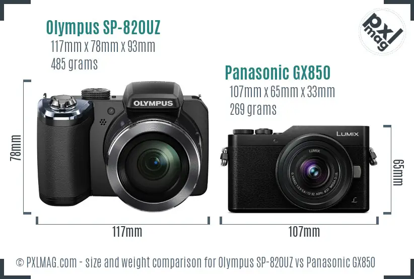 Olympus SP-820UZ vs Panasonic GX850 size comparison