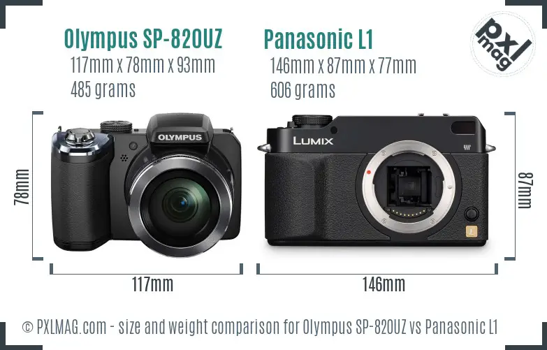 Olympus SP-820UZ vs Panasonic L1 size comparison