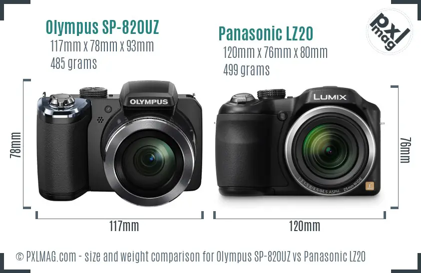 Olympus SP-820UZ vs Panasonic LZ20 size comparison