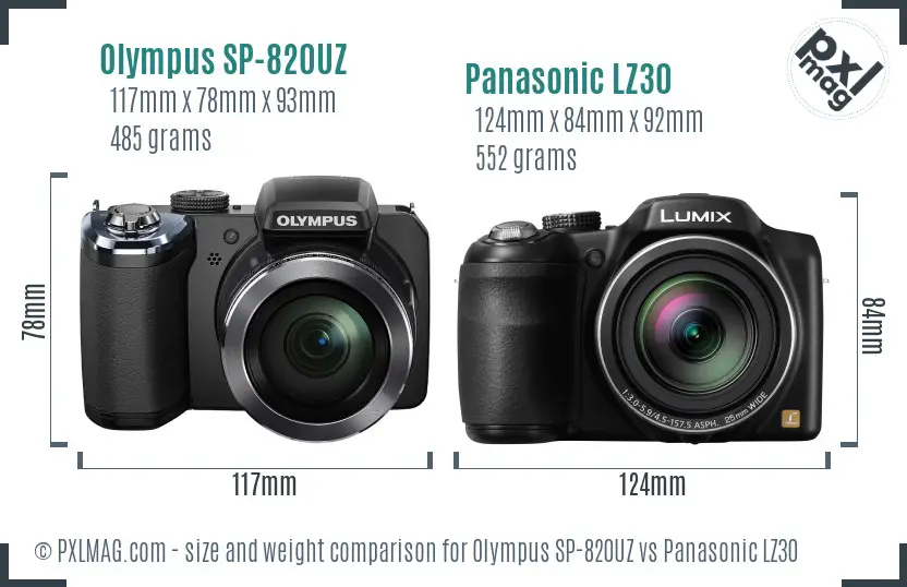 Olympus SP-820UZ vs Panasonic LZ30 size comparison