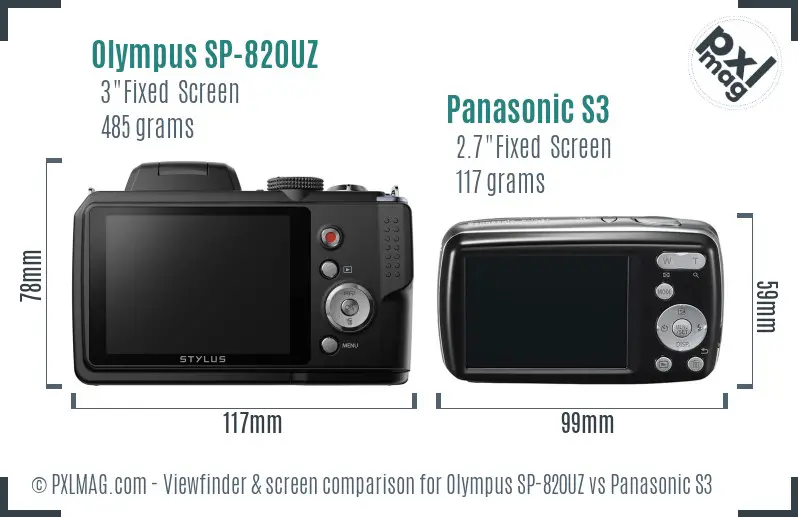 Olympus SP-820UZ vs Panasonic S3 Screen and Viewfinder comparison