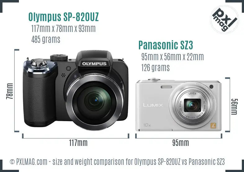 Olympus SP-820UZ vs Panasonic SZ3 size comparison