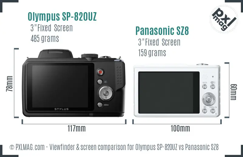 Olympus SP-820UZ vs Panasonic SZ8 Screen and Viewfinder comparison