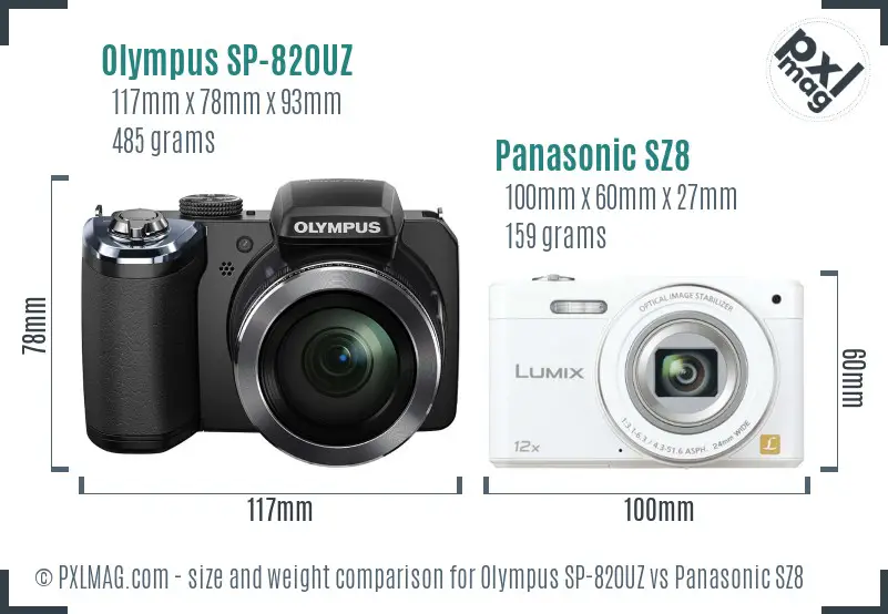 Olympus SP-820UZ vs Panasonic SZ8 size comparison