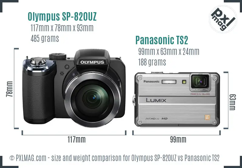 Olympus SP-820UZ vs Panasonic TS2 size comparison