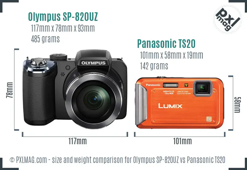 Olympus SP-820UZ vs Panasonic TS20 size comparison