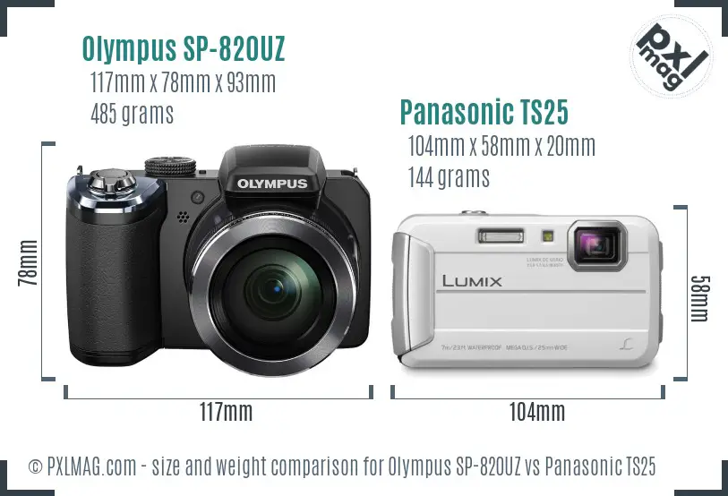 Olympus SP-820UZ vs Panasonic TS25 size comparison