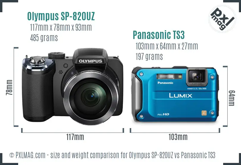 Olympus SP-820UZ vs Panasonic TS3 size comparison