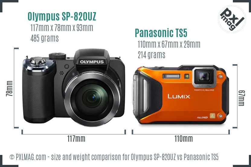 Olympus SP-820UZ vs Panasonic TS5 size comparison