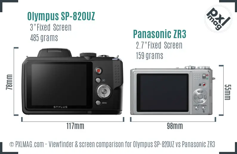 Olympus SP-820UZ vs Panasonic ZR3 Screen and Viewfinder comparison