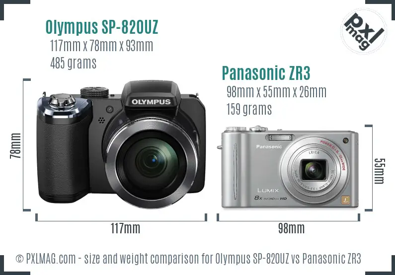 Olympus SP-820UZ vs Panasonic ZR3 size comparison