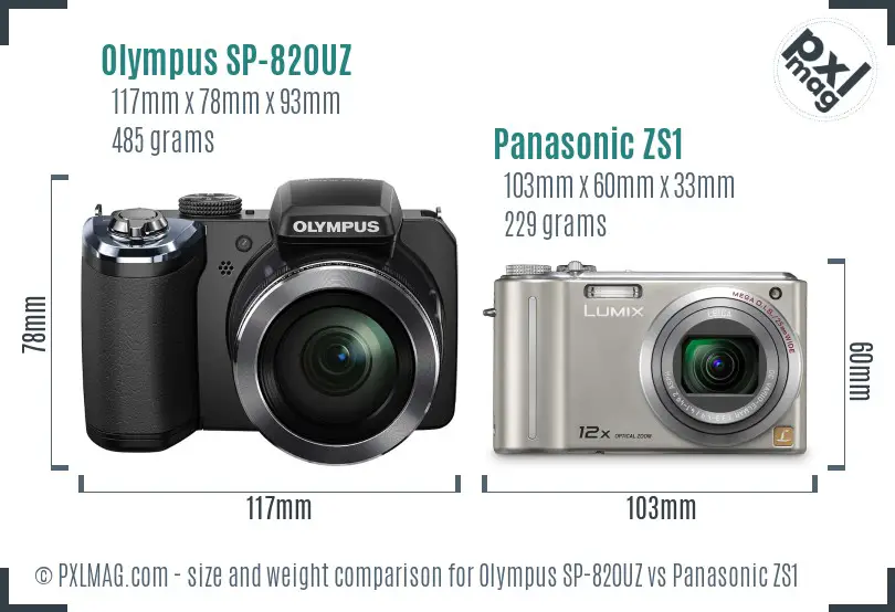 Olympus SP-820UZ vs Panasonic ZS1 size comparison