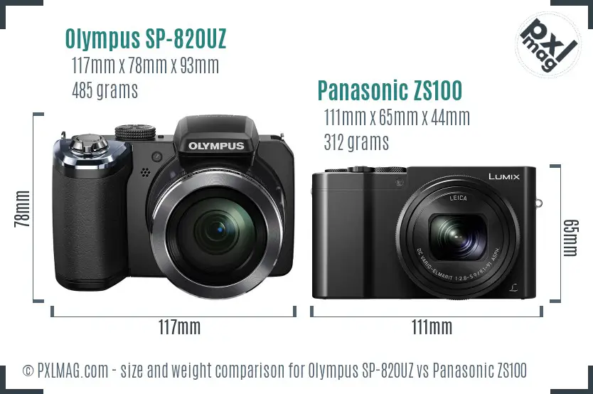 Olympus SP-820UZ vs Panasonic ZS100 size comparison