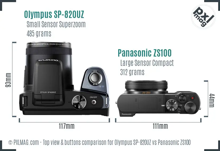 Olympus SP-820UZ vs Panasonic ZS100 top view buttons comparison