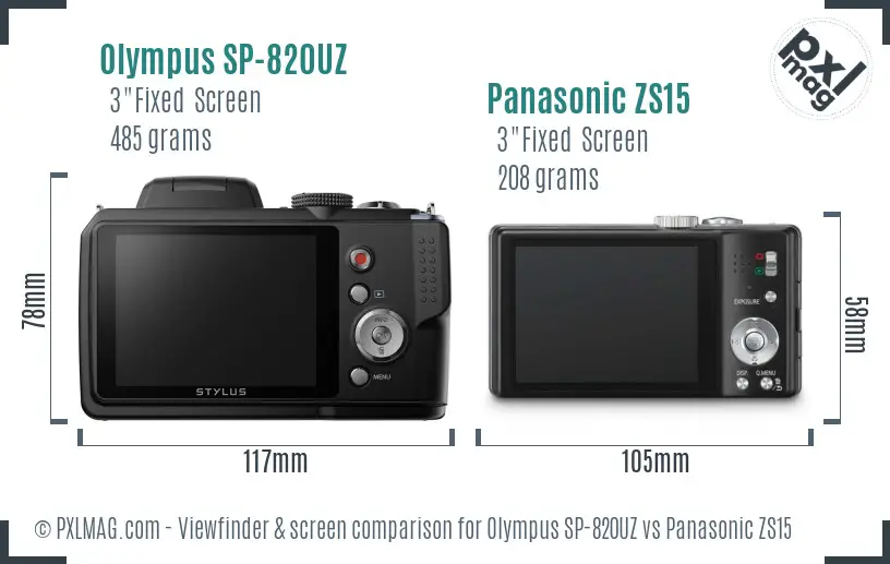 Olympus SP-820UZ vs Panasonic ZS15 Screen and Viewfinder comparison