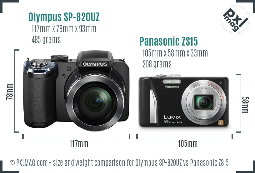 Olympus SP-820UZ vs Panasonic ZS15 size comparison