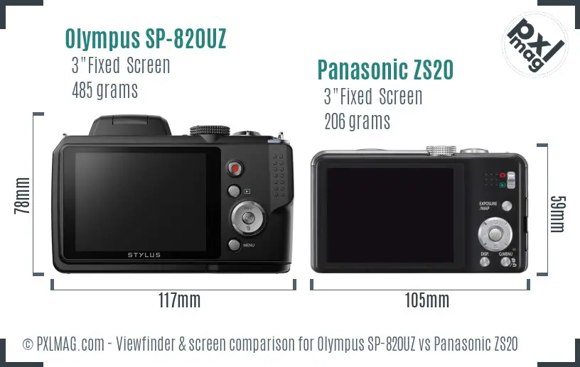 Olympus SP-820UZ vs Panasonic ZS20 Screen and Viewfinder comparison