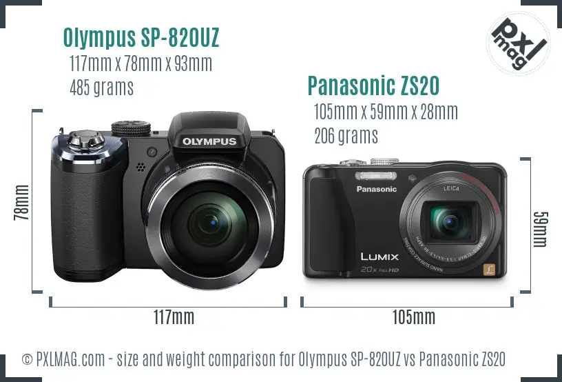 Olympus SP-820UZ vs Panasonic ZS20 size comparison