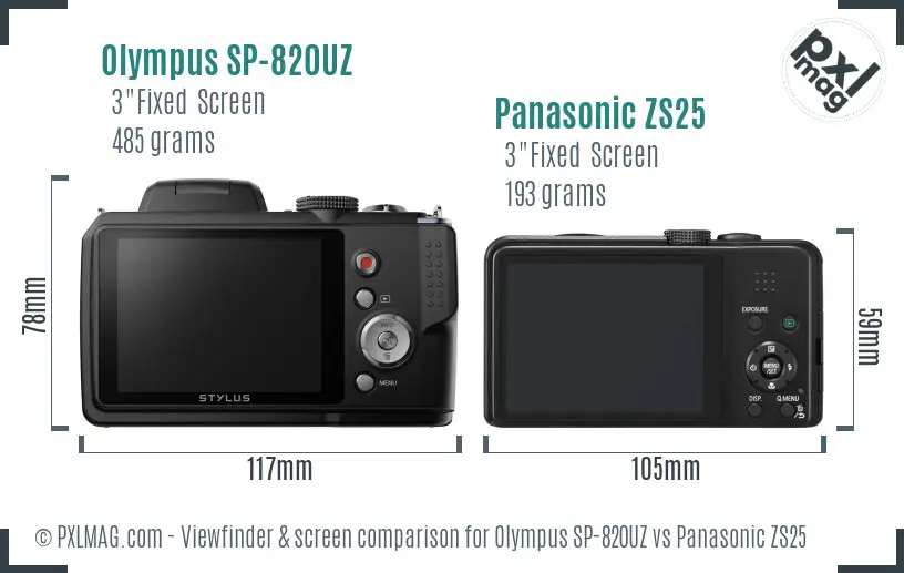 Olympus SP-820UZ vs Panasonic ZS25 Screen and Viewfinder comparison