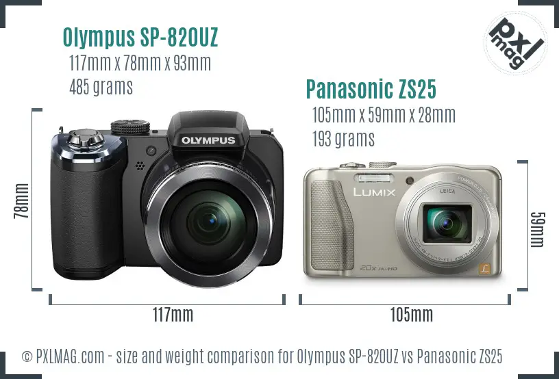 Olympus SP-820UZ vs Panasonic ZS25 size comparison