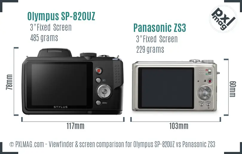 Olympus SP-820UZ vs Panasonic ZS3 Screen and Viewfinder comparison