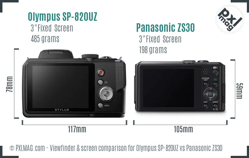 Olympus SP-820UZ vs Panasonic ZS30 Screen and Viewfinder comparison