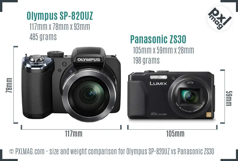 Olympus SP-820UZ vs Panasonic ZS30 size comparison