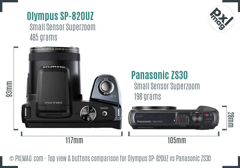 Olympus SP-820UZ vs Panasonic ZS30 top view buttons comparison