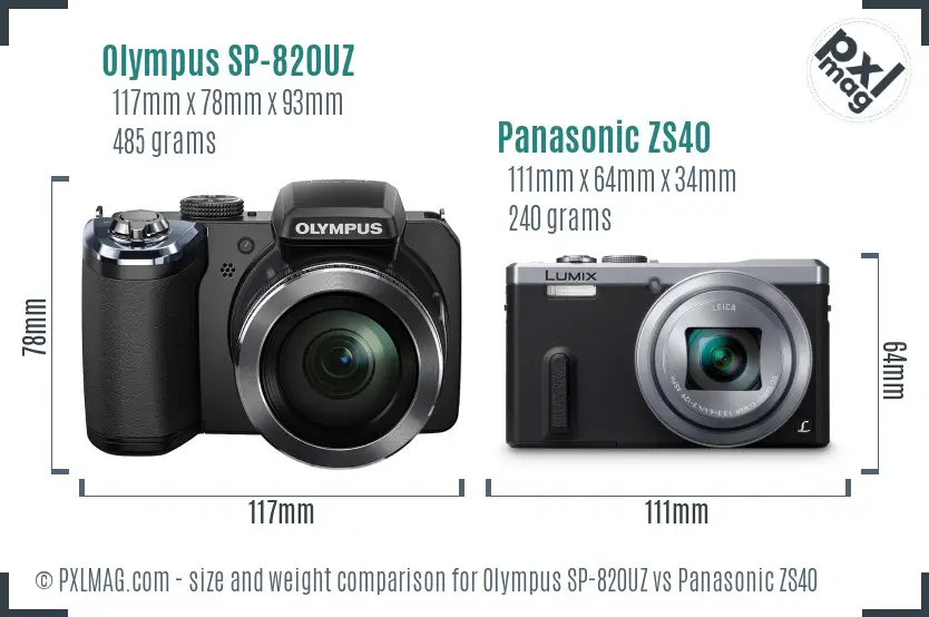 Olympus SP-820UZ vs Panasonic ZS40 size comparison
