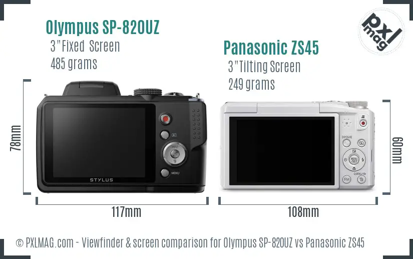 Olympus SP-820UZ vs Panasonic ZS45 Screen and Viewfinder comparison