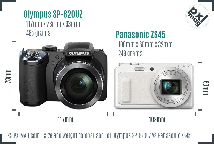 Olympus SP-820UZ vs Panasonic ZS45 size comparison