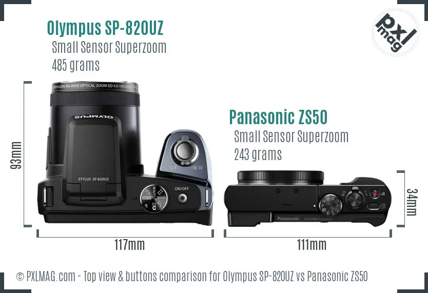 Olympus SP-820UZ vs Panasonic ZS50 top view buttons comparison