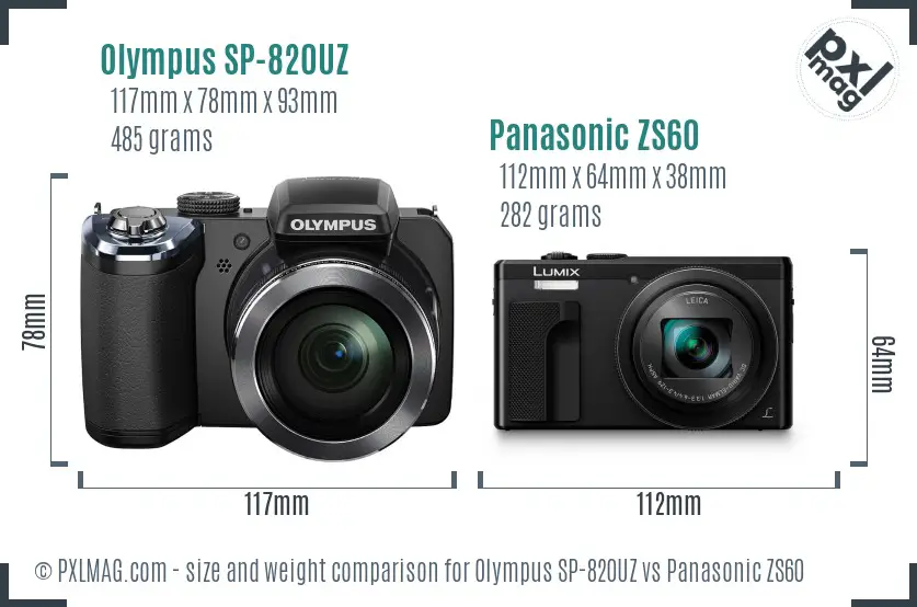Olympus SP-820UZ vs Panasonic ZS60 size comparison