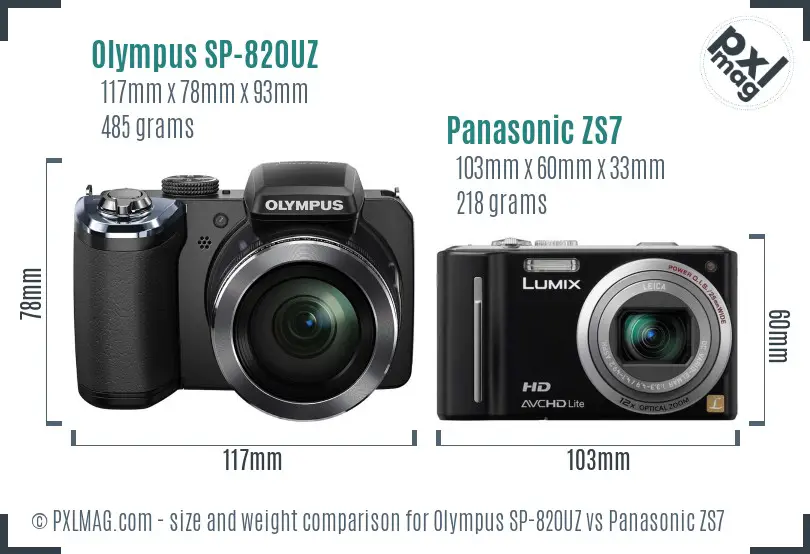 Olympus SP-820UZ vs Panasonic ZS7 size comparison