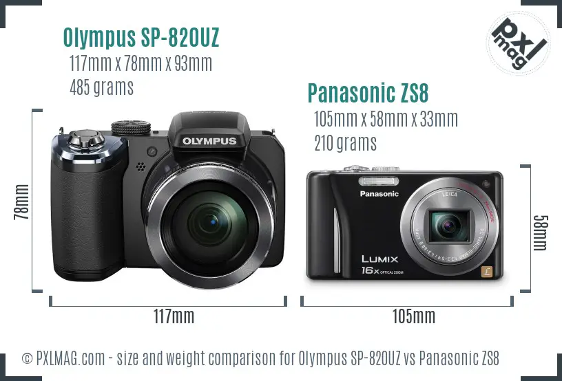 Olympus SP-820UZ vs Panasonic ZS8 size comparison
